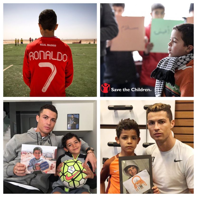 Christiano Ronaldo with the son of the Syrian refugee who was tripped over by a Hungarian journalist
