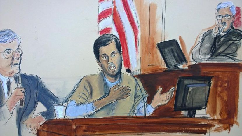 In a courtroom sketch, Turkish-Iranian gold trader Reza Zarrab (center) testifies before Judge Richard Berman (right) that he helped Iran to evade US economic sanctions with help from banker Mehmet Hakan Atilla, Wednesday, November 29, 2017. ( AP )