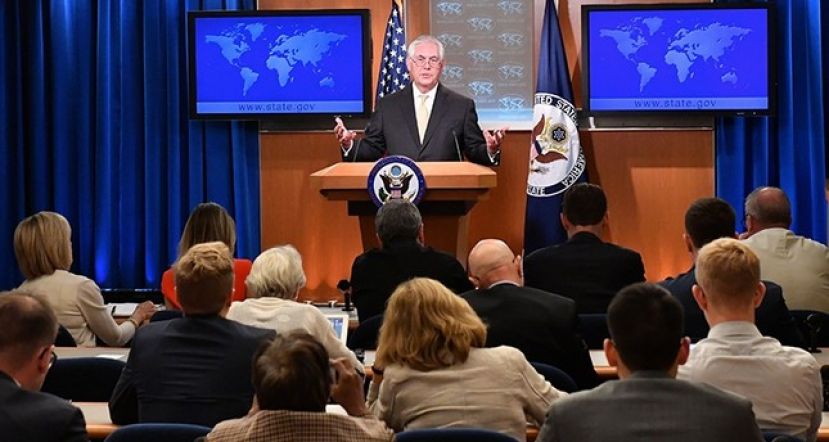 A handout photo made available by United States Department of State shows U.S. Secretary of State Rex Tillerson addressing reporters at the Department Press Briefing, at the U.S. Department of State in Washington, D.C., August 1, 2017.