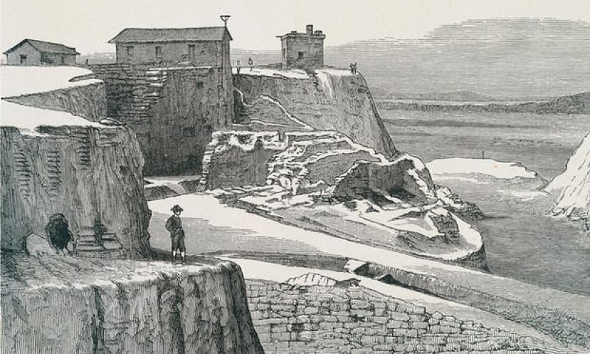 An engraving portraying the Trojan walls during Heinrich Schliemann’s excavations.