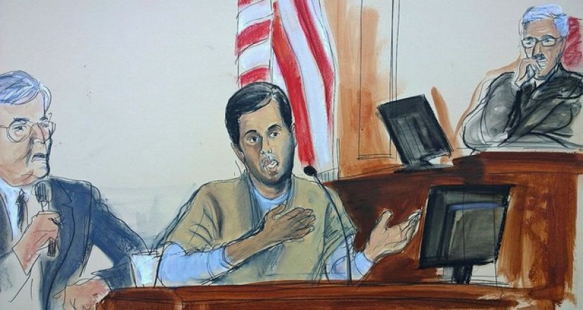 Turkish-Iranian gold trader Reza Zarrab, center, testifies before Judge Richard Berman, right, that he helped Iran evade U.S. economic sanctions with help from Turkish banker Mehmet Hakan Atilla (Elizabeth Williams via AP)