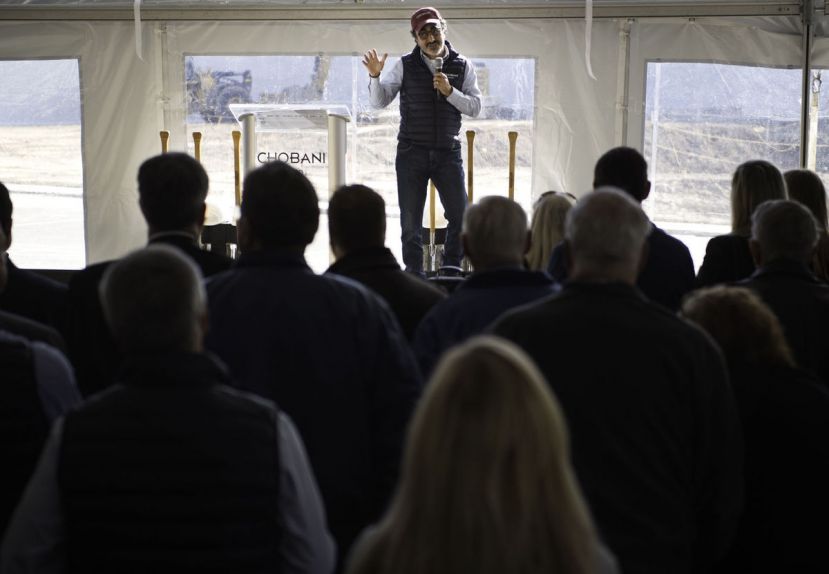 Founder and CEO Hamdi Ulukaya addresses the crowd during the groundbreaking ceremony for the new Research and Development building Thursday at Chobani in Twin Falls.